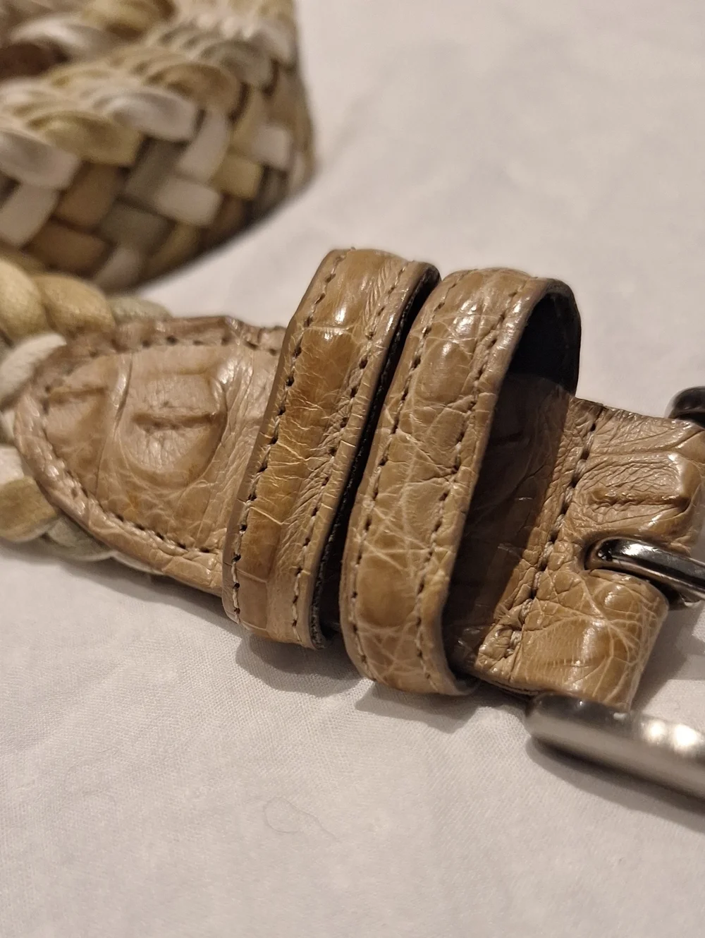 Braided Leather Weave With Solid Brass Buckle Belt - Beige White